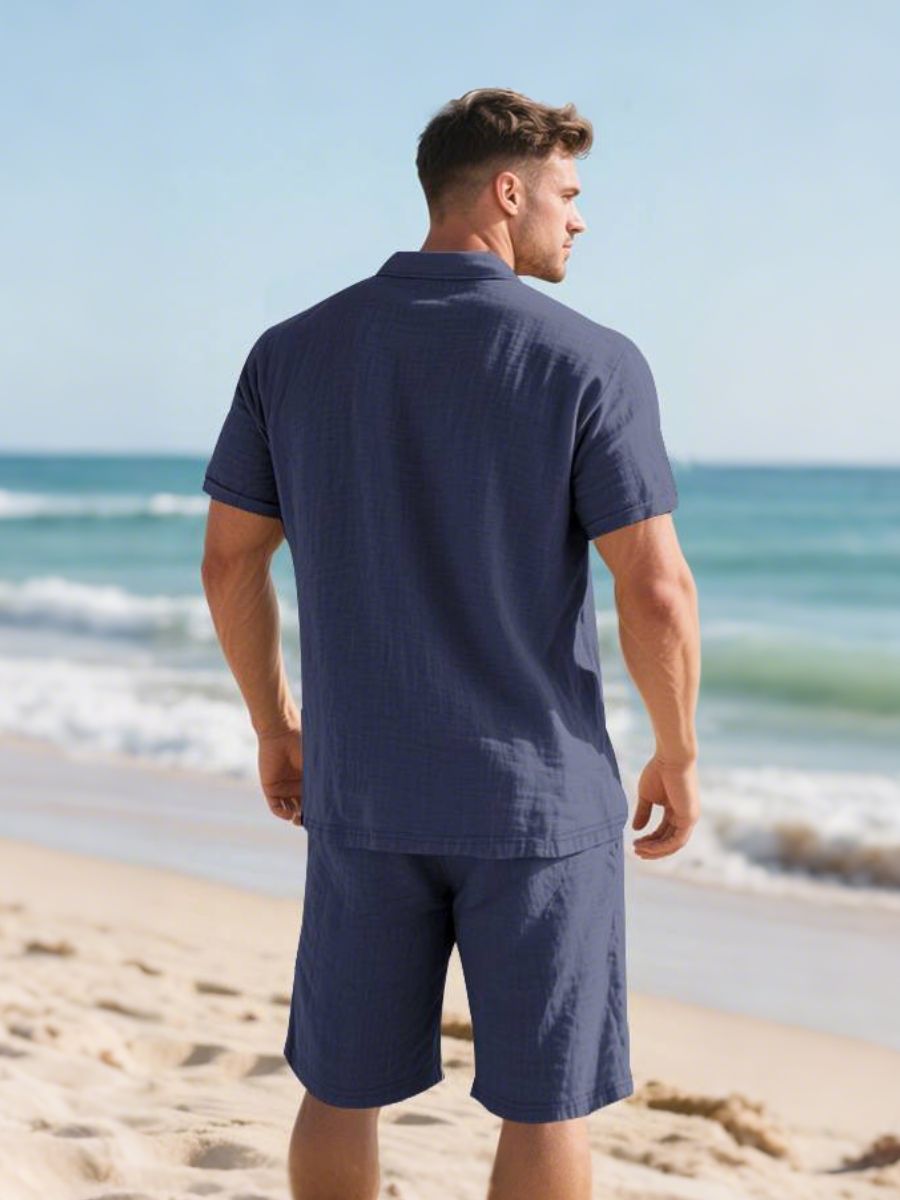 John - Zweiteilige Stück Leinen Urlaub Sommer Satz von kurz Ärmel Knopf unten Poloshirt und elastischen Taille Shorts