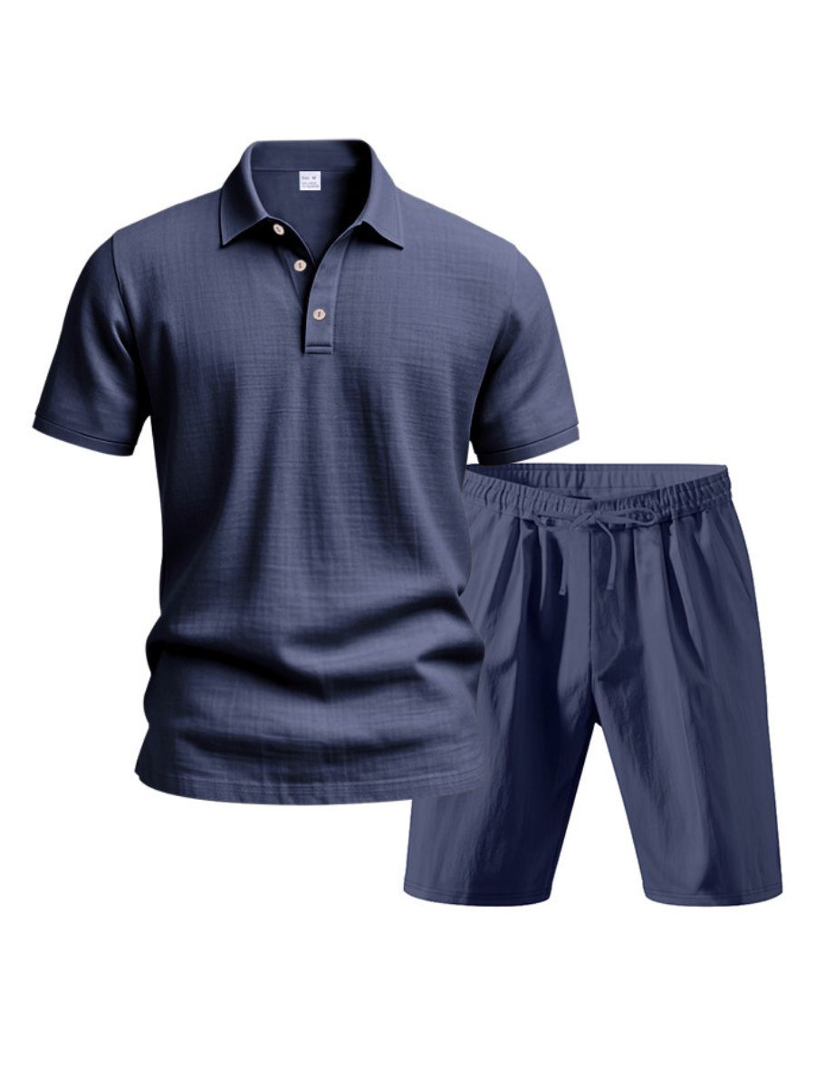 John - Zweiteilige Stück Leinen Urlaub Sommer Satz von kurz Ärmel Knopf unten Poloshirt und elastischen Taille Shorts