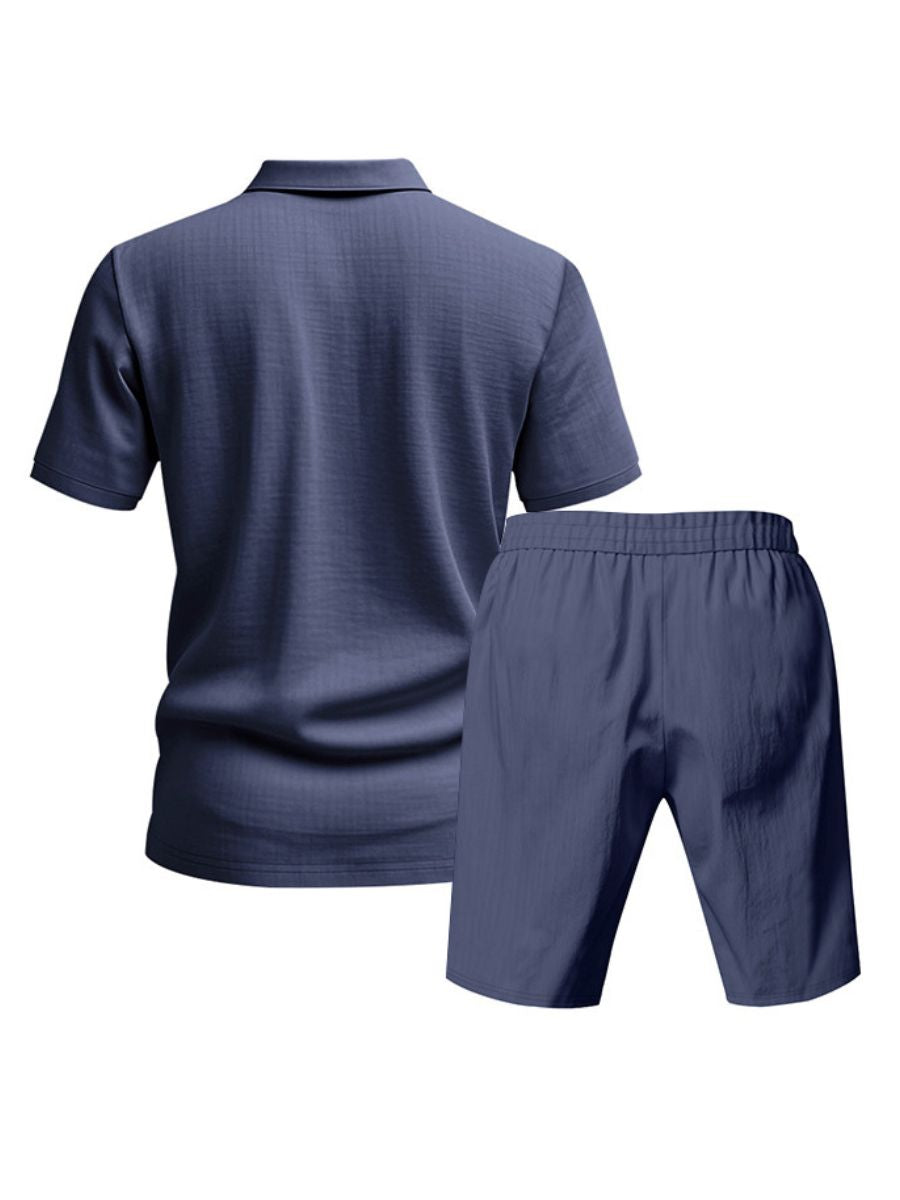 John - Zweiteilige Stück Leinen Urlaub Sommer Satz von kurz Ärmel Knopf unten Poloshirt und elastischen Taille Shorts
