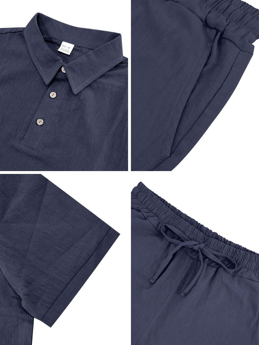 John - Zweiteilige Stück Leinen Urlaub Sommer Satz von kurz Ärmel Knopf unten Poloshirt und elastischen Taille Shorts