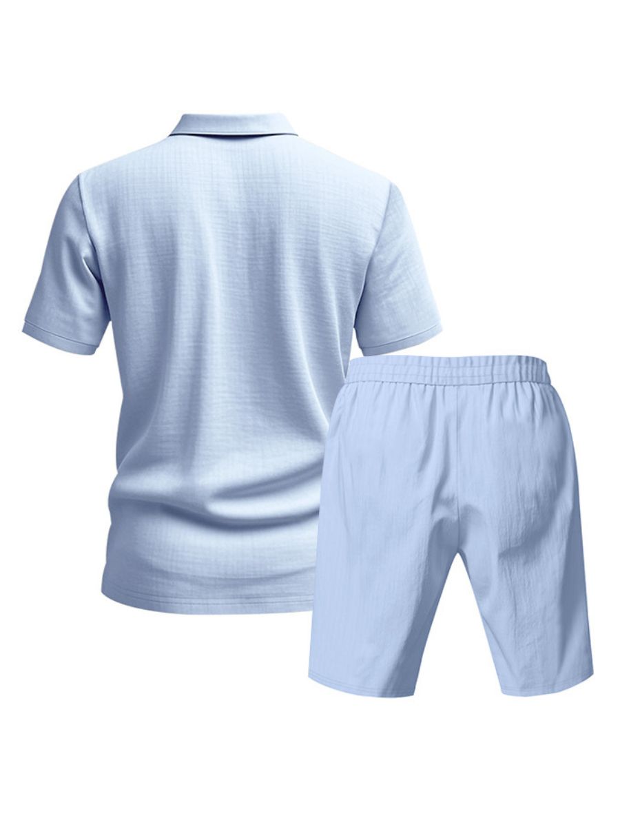 John - Zweiteilige Stück Leinen Urlaub Sommer Satz von kurz Ärmel Knopf unten Poloshirt und elastischen Taille Shorts