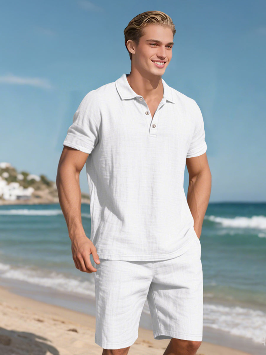 John - Zweiteilige Stück Leinen Urlaub Sommer Satz von kurz Ärmel Knopf unten Poloshirt und elastischen Taille Shorts