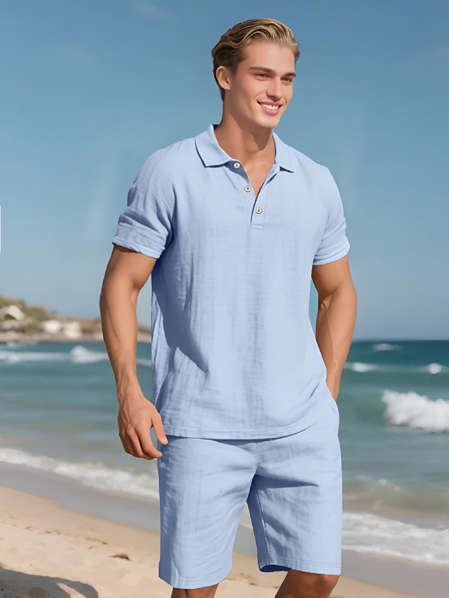John - Zweiteilige Stück Leinen Urlaub Sommer Satz von kurz Ärmel Knopf unten Poloshirt und elastischen Taille Shorts
