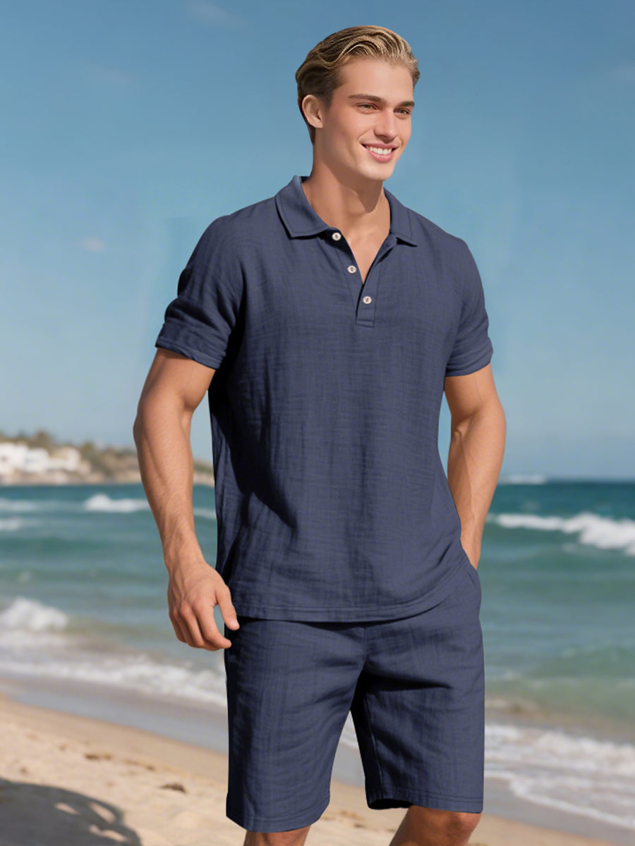 John - Zweiteilige Stück Leinen Urlaub Sommer Satz von kurz Ärmel Knopf unten Poloshirt und elastischen Taille Shorts