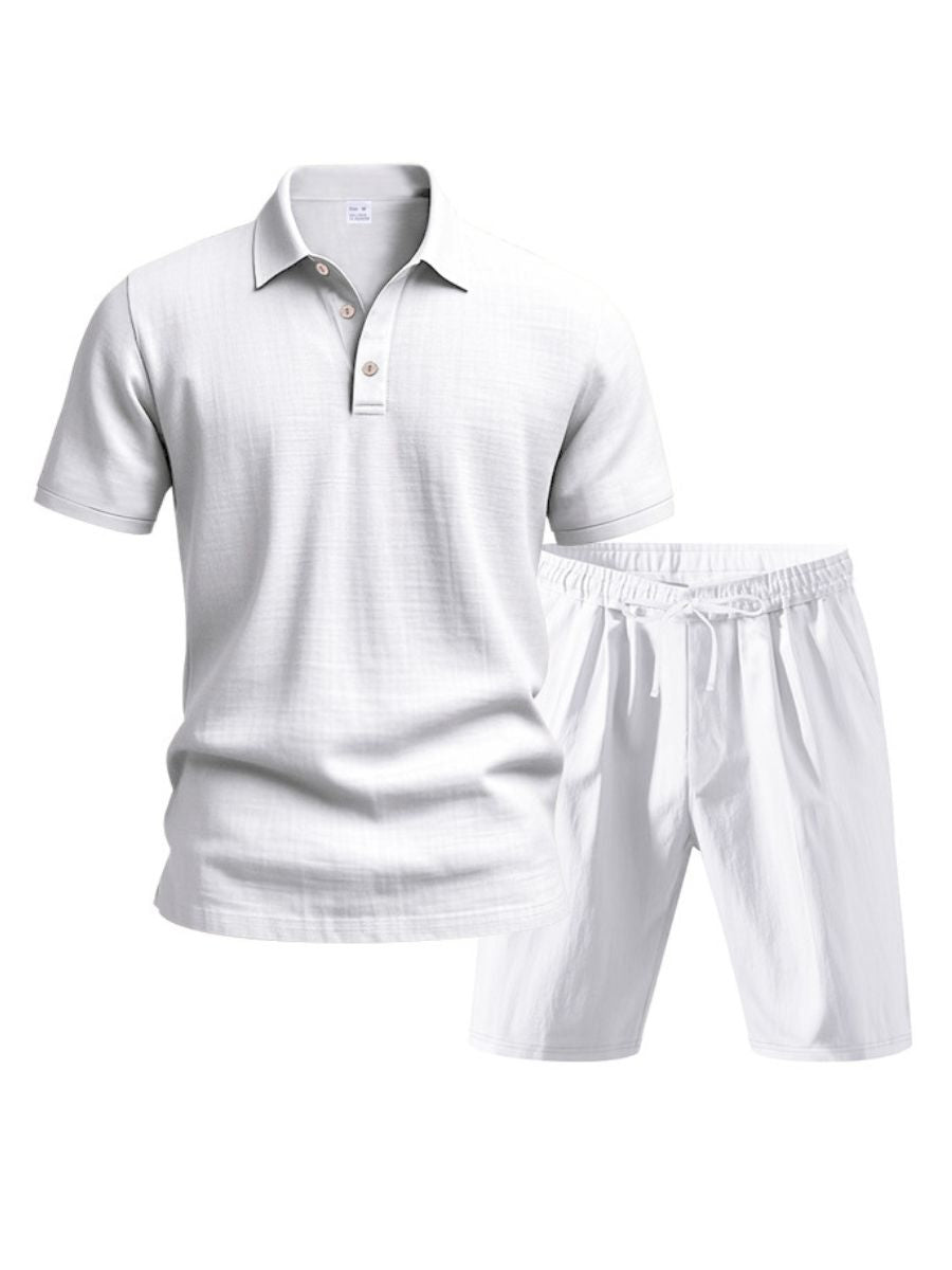 John - Zweiteilige Stück Leinen Urlaub Sommer Satz von kurz Ärmel Knopf unten Poloshirt und elastischen Taille Shorts