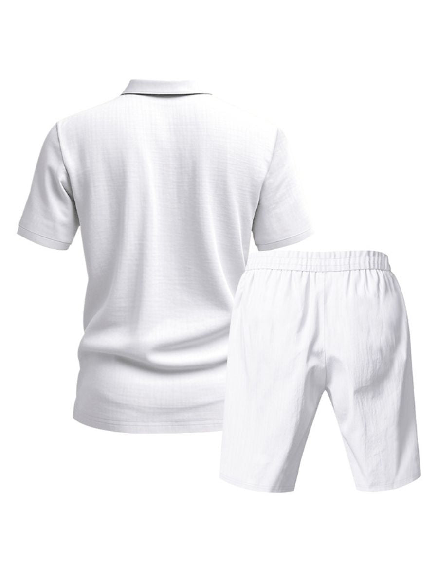 John - Zweiteilige Stück Leinen Urlaub Sommer Satz von kurz Ärmel Knopf unten Poloshirt und elastischen Taille Shorts
