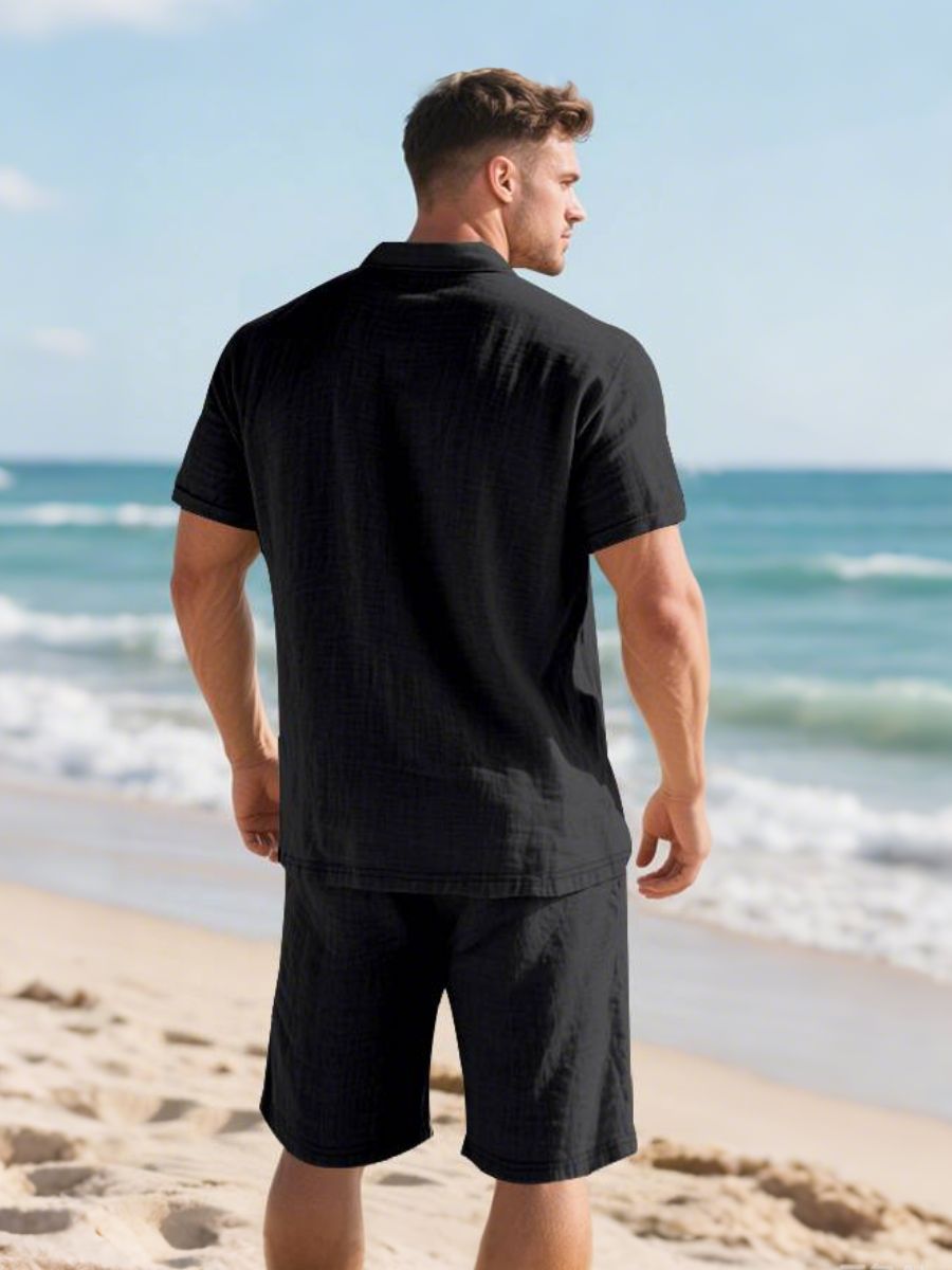 John - Zweiteilige Stück Leinen Urlaub Sommer Satz von kurz Ärmel Knopf unten Poloshirt und elastischen Taille Shorts