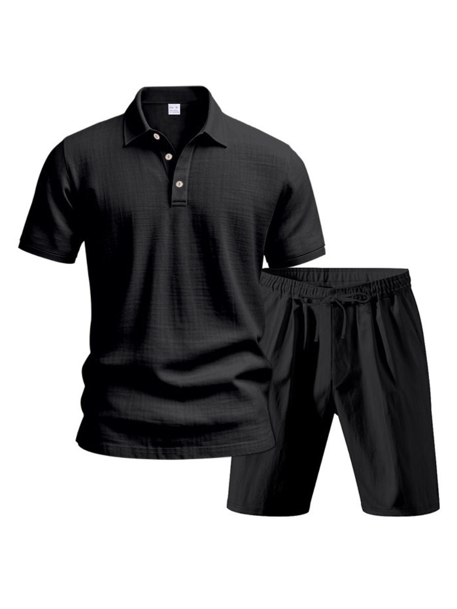John - Zweiteilige Stück Leinen Urlaub Sommer Satz von kurz Ärmel Knopf unten Poloshirt und elastischen Taille Shorts
