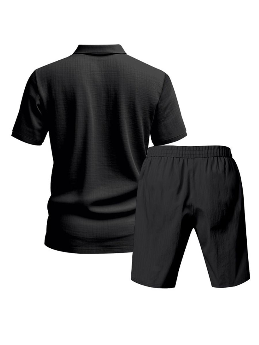 John - Zweiteilige Stück Leinen Urlaub Sommer Satz von kurz Ärmel Knopf unten Poloshirt und elastischen Taille Shorts