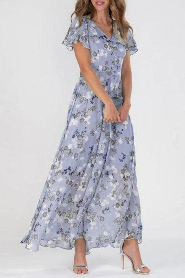 Eva - Maxikleid mit V-Ausschnitt und kurzen Ärmeln aus floralem Chiffon mit Rüschen