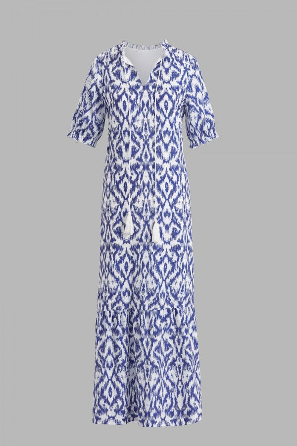 Maaike - Blaues Maxikleid mit V-Ausschnitt und halben Ärmeln und geometrischem Print
