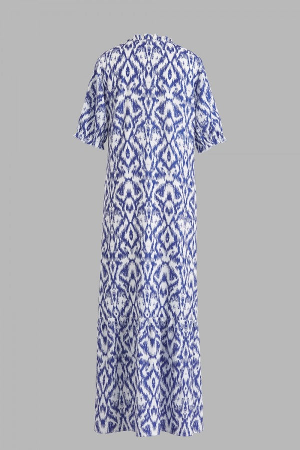 Maaike - Blaues Maxikleid mit V-Ausschnitt und halben Ärmeln und geometrischem Print