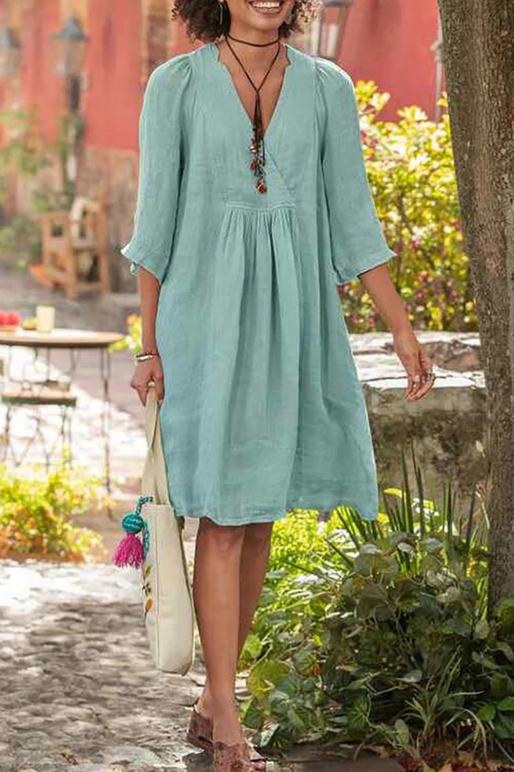Marie - Grünes lässiges 3/4-Ärmel locker sitzendes Baumwoll-Leinen-Kleid oder Abdeckung auf