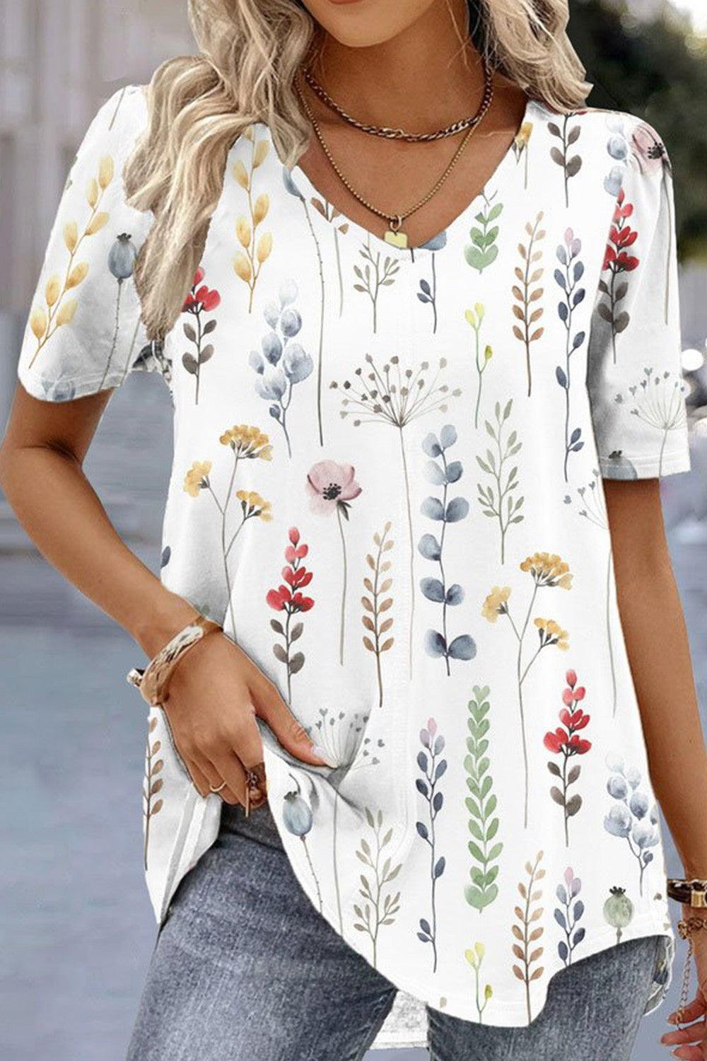 Anna - V-Ausschnitt Kurzärmeliges Lose Lässiges Shirt T-Shirt mit Blumen