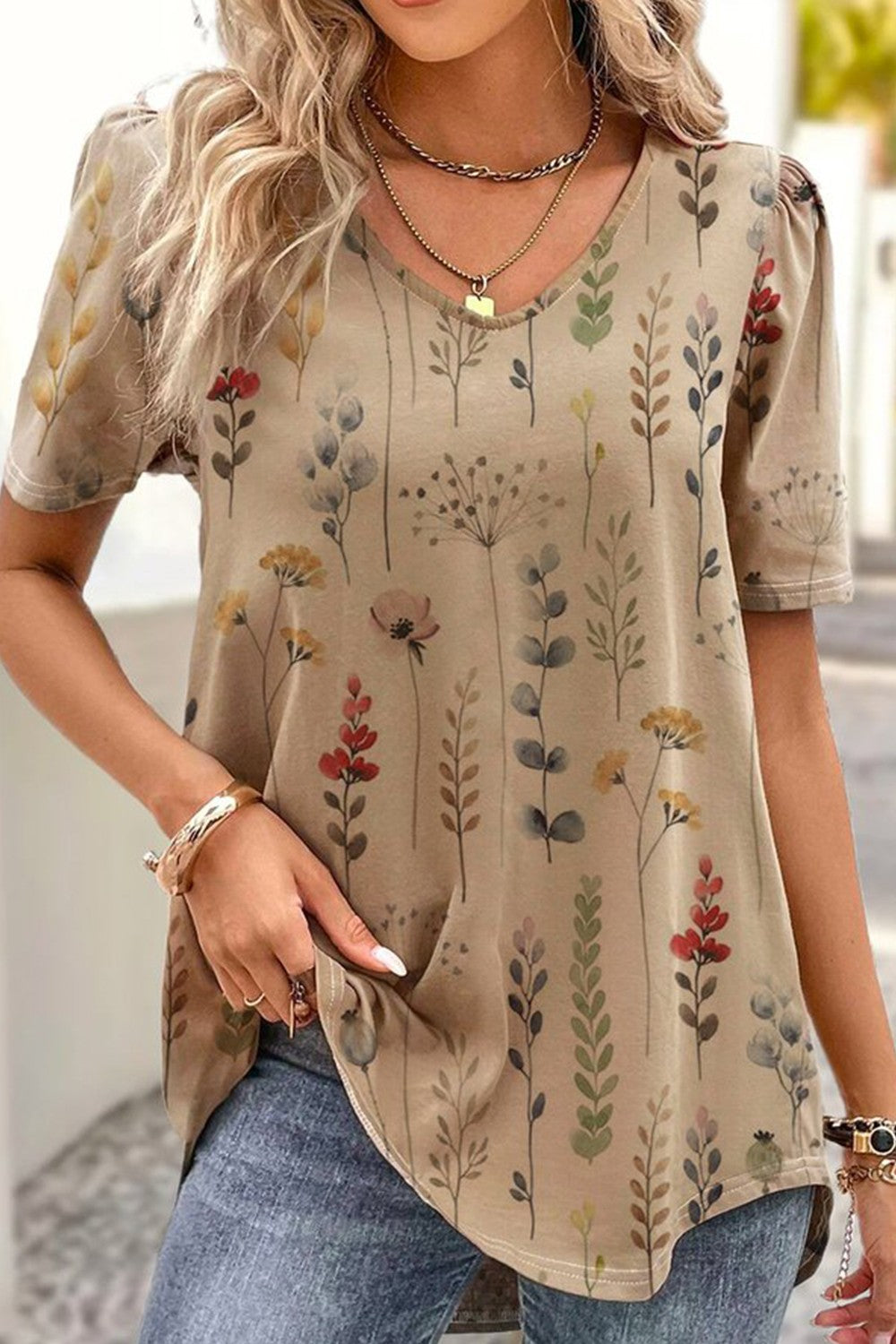 Anna - V-Ausschnitt Kurzärmeliges Lose Lässiges Shirt T-Shirt mit Blumen