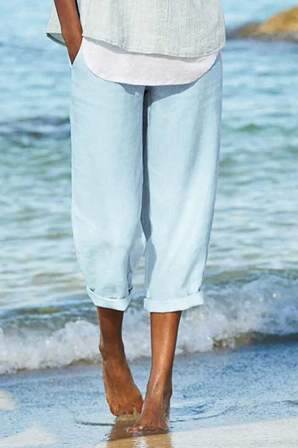 Sophie - Einfarbige Farbig Sommer Baumwoll-Leinen 3/4 Hose mit Gummizug in der Taille
