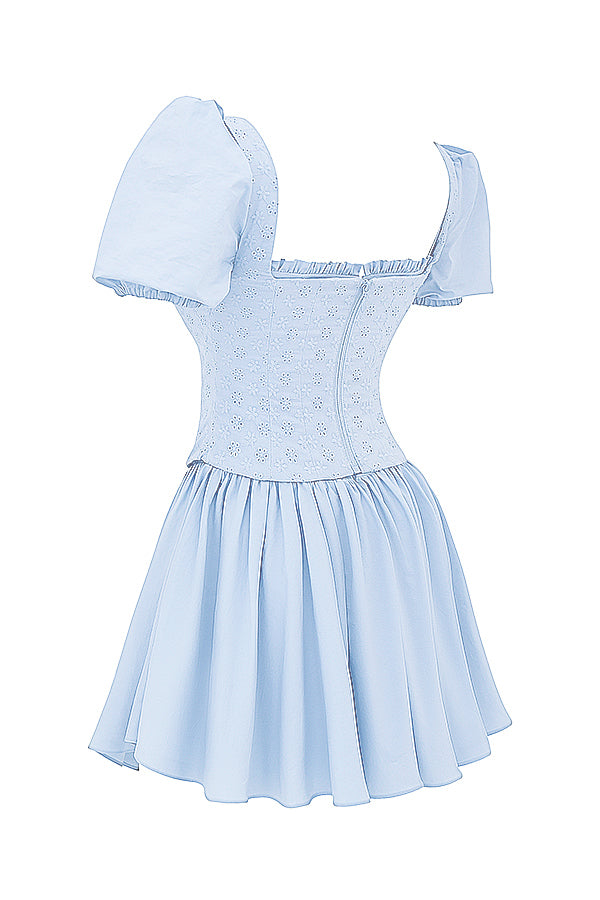 Oaklee - Weich Blau Stickerei Korsett Mini Kleid