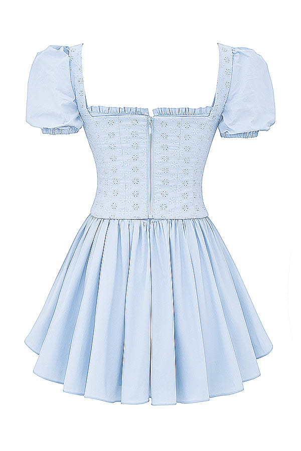 Oaklee - Weich Blau Stickerei Korsett Mini Kleid
