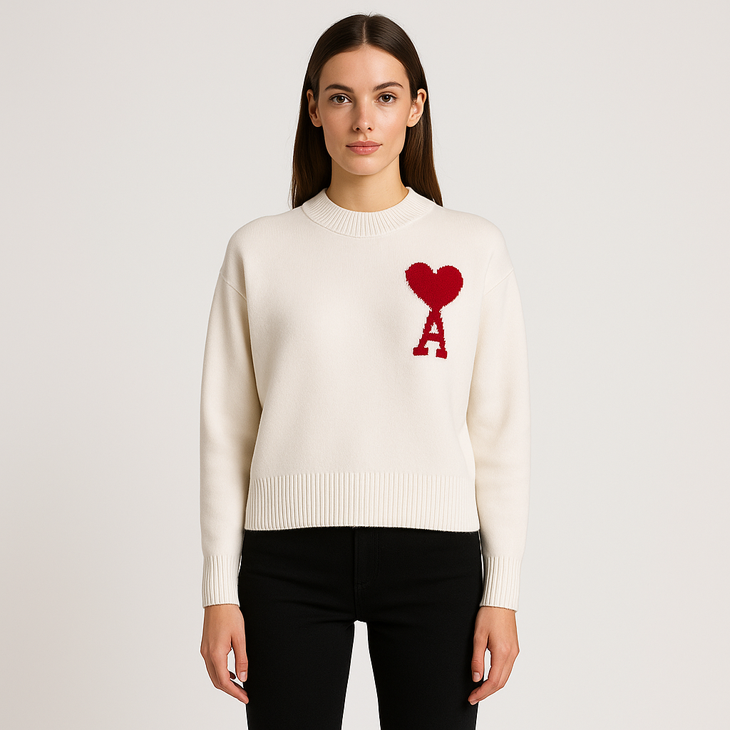 PARIS Strickpullover mit Herz und Buchstabe A - Unisex, Rundhalsausschnitt, Uni-Farben