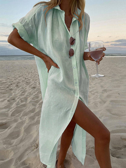 Eva - Elegantes Vertuschung Atmungsaktives Baumwollshirt Maxikleid mit Knopfverschluss für Sommer und Strand