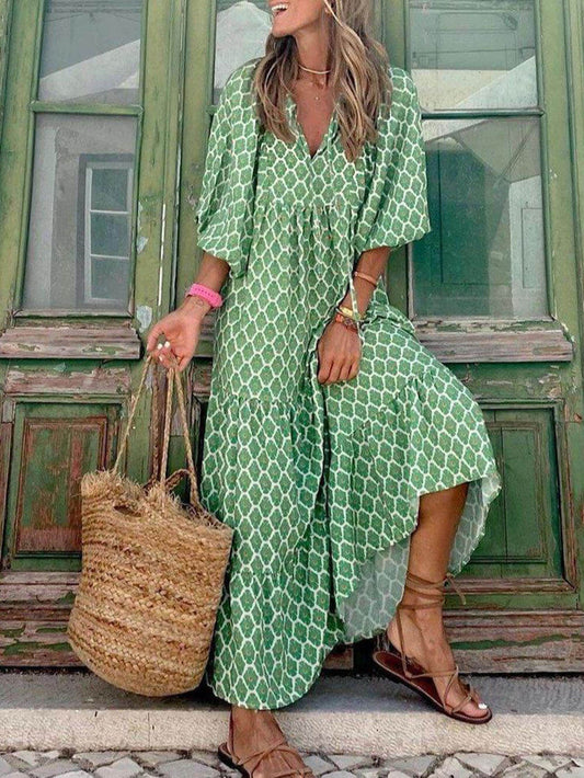 Anna - Elegantes weites Maxikleid in 5 geometrischen Bohemian Prints und leuchtenden Farben