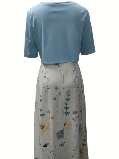 Anna - Elegantes zweiteiliges Set aus einfarbigem Strickjackenoberteil und geblümtem Kleid mit Rundhalsausschnitt