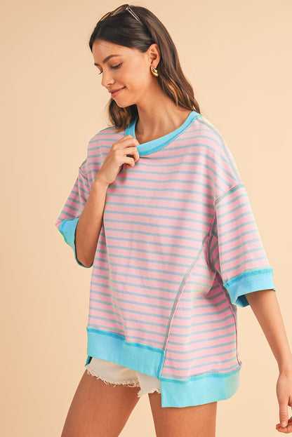 Anna - Horizontal gestreiftes, locker sitzendes T-Shirt mit Kontrastbesatz und weiten, kurzen Ärmeln