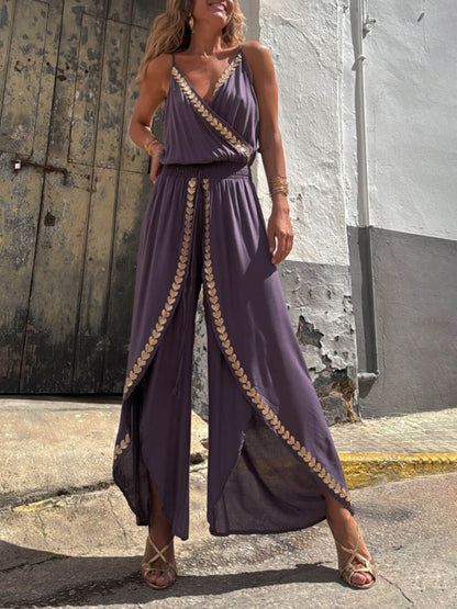 Lotte - Lila Luftig Locker Sommer Faux Wrap Jumpsuit mit Elastisch Hoch Taille Gold Trim