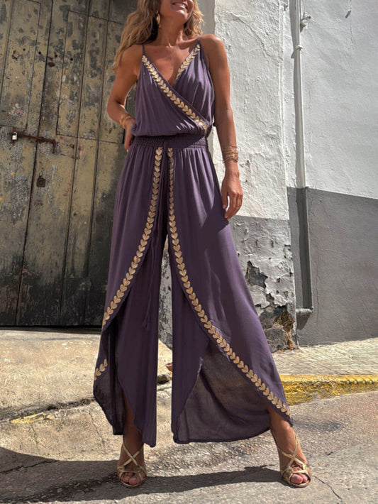 Lotte - Lila Luftig Locker Sommer Faux Wrap Jumpsuit mit Elastisch Hoch Taille Gold Trim