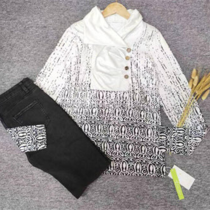 Ashlyne - Asymmetrisches Oberteil mit abstraktem Muster in Schwarz und cremefarbenem Heidekraut