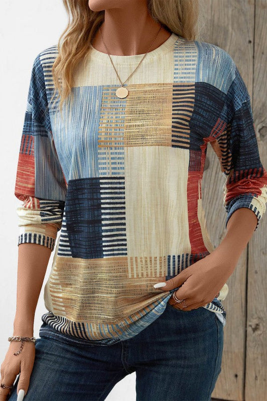 Aviana - Geometrisches Patchwork Buntes Rundhals T-Shirt mit halben Ärmeln