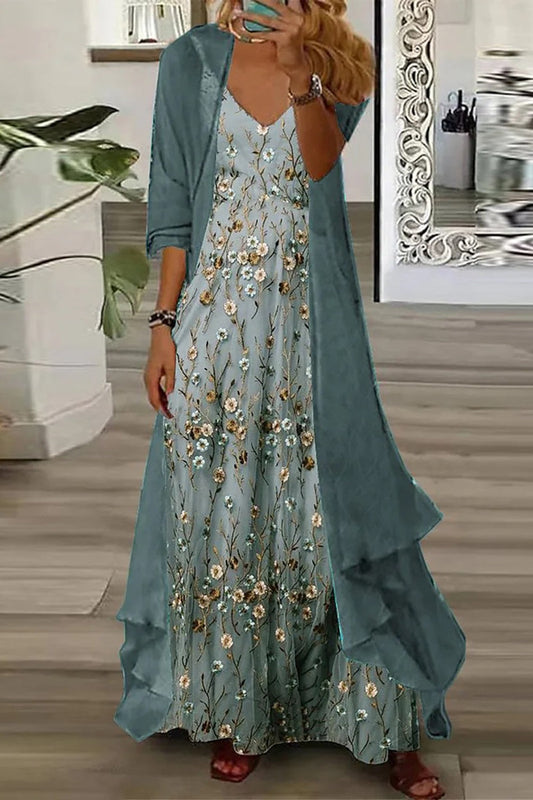 Zephyra - Blaues zweiteiliges Set aus Maxikleid mit Spaghettiträgern und V-Ausschnitt mit Blumendruck und langer Strickjacke mit Weste