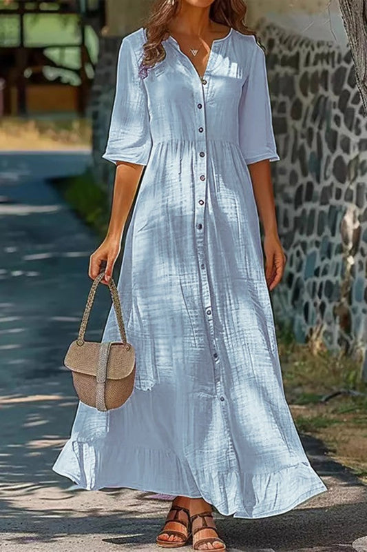 Lyla - Weites Maxikleid mit Knopfverschluss, V-Ausschnitt und halben Ärmeln für Sommer und Frühling