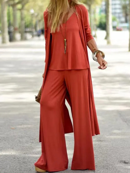 Elsa - Dreiteiliges Sommer-Set mit V-Ausschnitt, singlet lang Weste und unifarbene Hosen mit weitem Bein