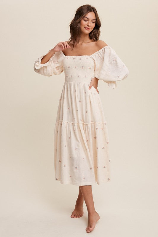 Sophia - Schulterfreies besticktes Midikleid