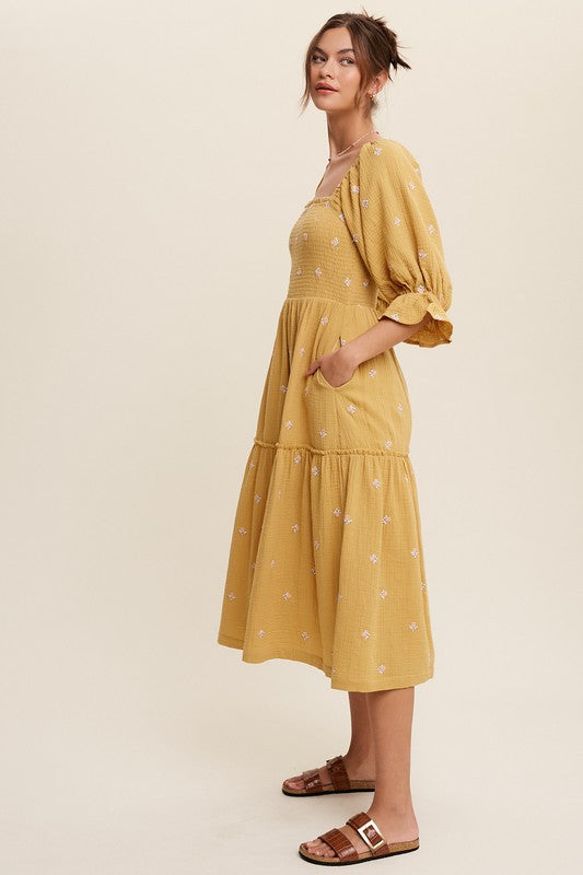 Sophia - Schulterfreies besticktes Midikleid
