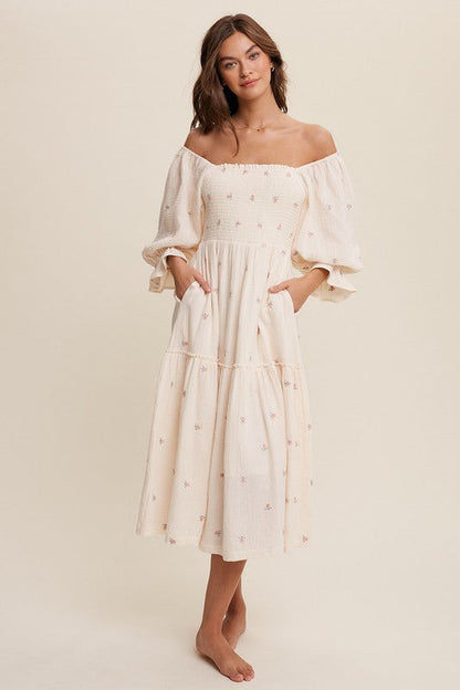 Sophia - Schulterfreies besticktes Midikleid