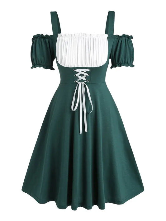 Karoline - Dunkelgrün Modisches Modernes Schulterfreies mit Trägern Plissiertes Oktoberfestkleid