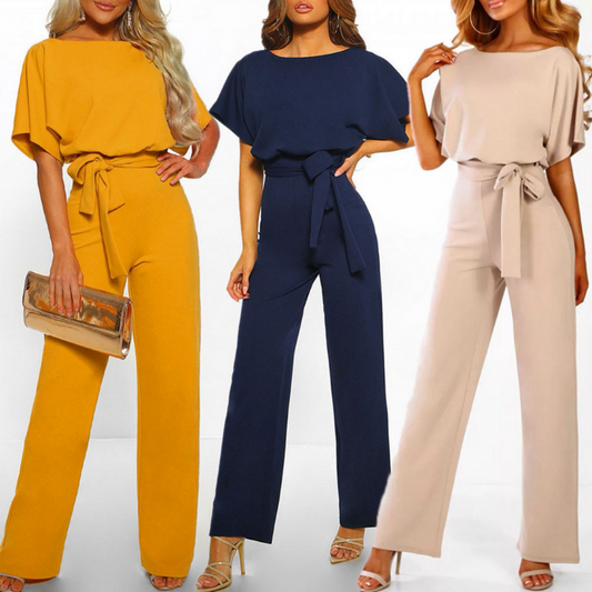 Noor - Eleganter Jumpsuit Hosenanzug mit hochgeschlossenem Nacken Taillen band und halben Ärmeln für Damen