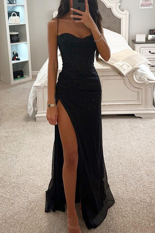 Tessa - Elegantes, stilvolles, romantisches, feminines Sommerabend-Maxikleid, tailliert, mit Balkon, dünnen, abnehmbaren Trägern und Schlitz