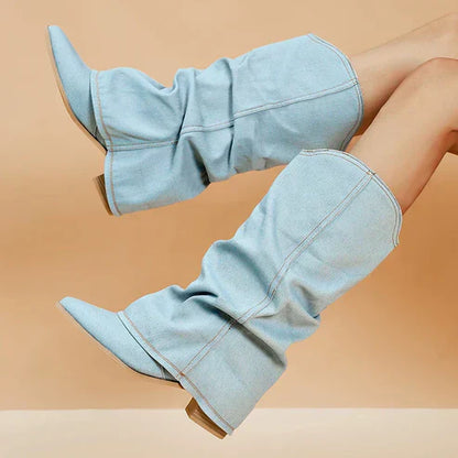 Marieke - Weite Denim-falten Sie Stiefel mit Statement-Flair für Frühling und Sommer