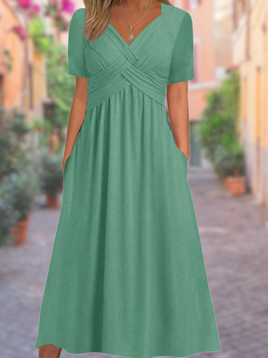 Sophie - V-Ausschnitt Faux Wrap Langes Sommerkleid mit kurzen Ärmeln und hoher Taille