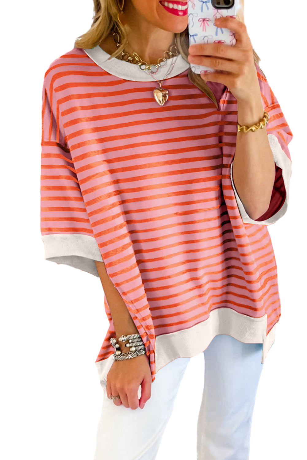 Anna - Horizontal gestreiftes, locker sitzendes T-Shirt mit Kontrastbesatz und weiten, kurzen Ärmeln