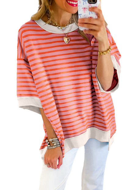 Anna - Horizontal gestreiftes, locker sitzendes T-Shirt mit Kontrastbesatz und weiten, kurzen Ärmeln