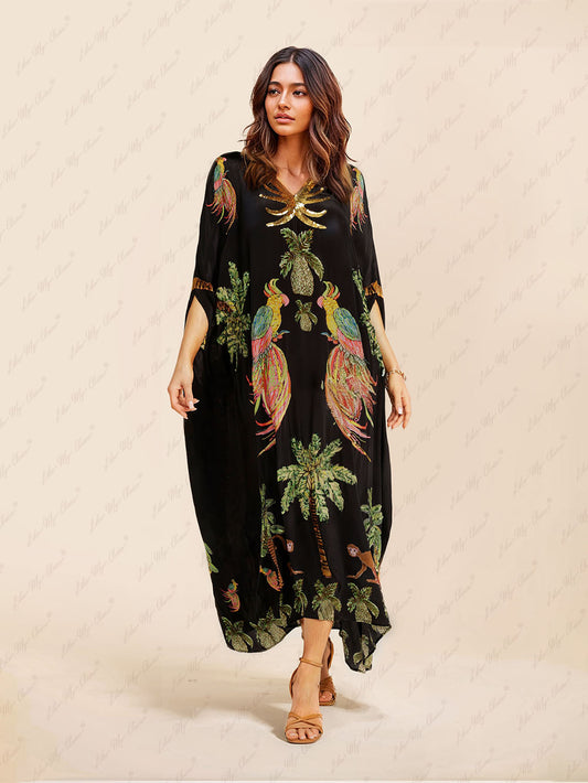 Julia - Elegantes langes Maxi Sommer Kaftan Cover Up Kleid mit einzigartigem Druck V-Ausschnitt und halben Ärmeln