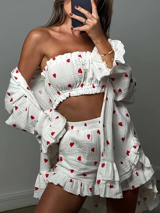 Sientje - Herzen Dreiteiliges Pyjama-Set mit Oberteil, Hose und Weste