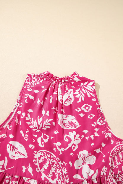 Noor - rosa ärmellos bio Druck Weites Tunika-Midikleid mit Knöpfen V-Ausschnitt