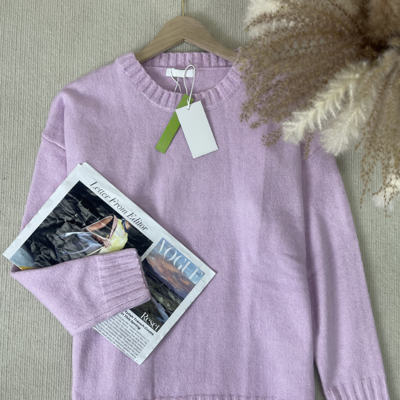 Pearlie -Rosa einfarbig Langarm Pullover mit Rundhalsausschnitt