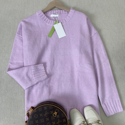 Pearlie -Rosa einfarbig Langarm Pullover mit Rundhalsausschnitt