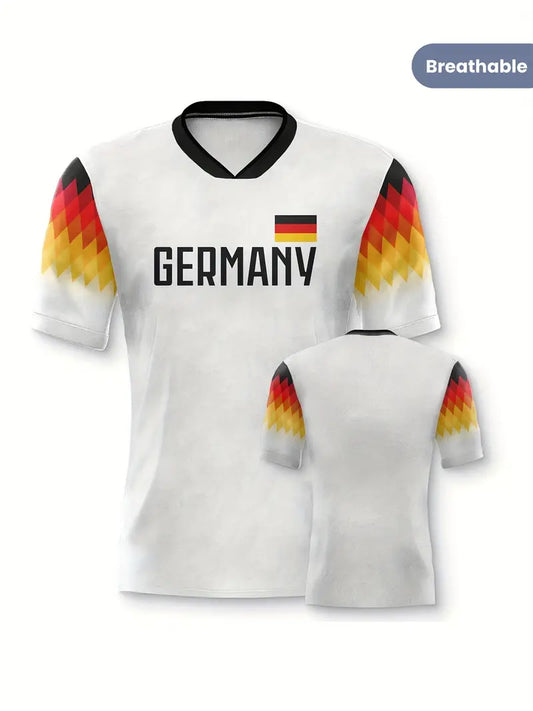 Felix - Weißes Deutschland Fußball-Sport-T-Shirt mit kurzen Ärmeln und hohem Halsausschnitt